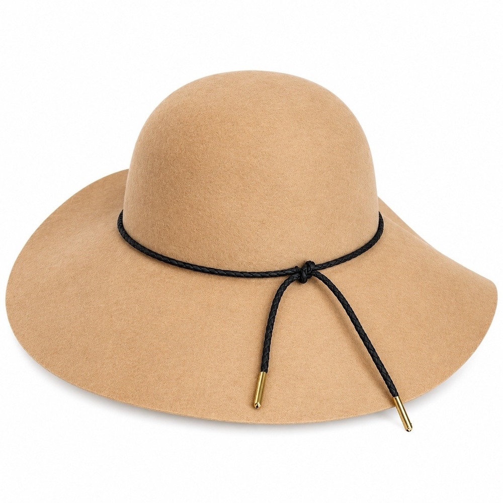 Womens Wide Brim Floppy Camel Wool Hat Leather Braided Cord Western Boho Chic
